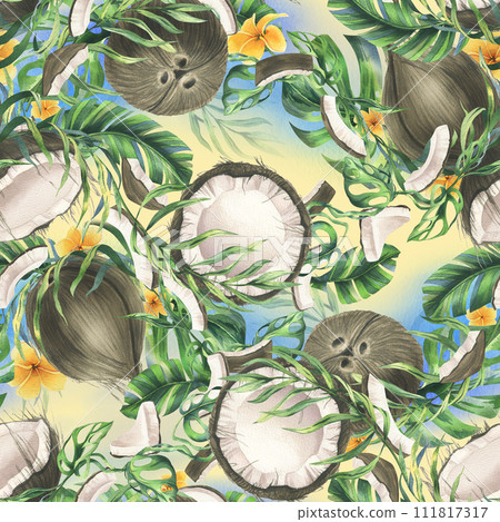 Coconuts whole, halves and pieces with bright, green, tropical palm leaves and yellow plumeria flowers. Hand drawn watercolor illustration. Seamless pattern, background. 111817317