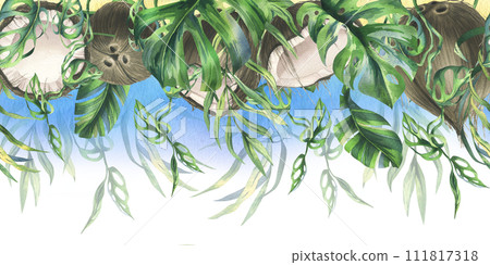 Coconuts whole, halves and pieces with bright, green, tropical palm leaves. Hand drawn watercolor illustration. Seamless border isolated from the background 111817318