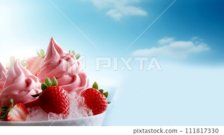 Strawberry ice cream with fresh strawberries on blue sky background. 111817330