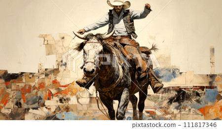 Cowboy riding a horse in the city. Oil painting style Cowboy riding a horse in the city. Oil painting style 111817346