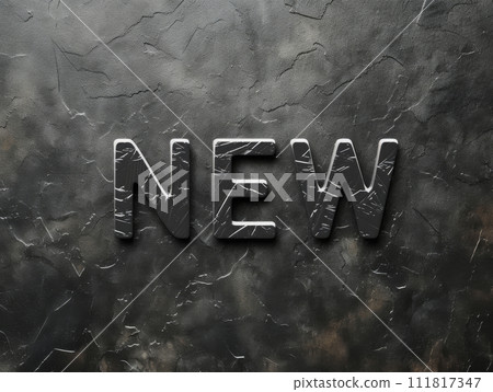 Inscription, letters on a blackboard. Phrase NEW on black stone background. Inscription, letters on a blackboard. Phrase NEW on black stone background. 111817347