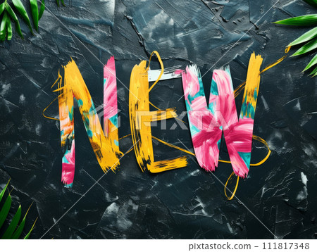 NEW. Bright letters of the alphabet in the word new on a dark background with tropical palm leaves. NEW. Bright letters of the alphabet in the word new on a dark background with tropical palm leaves. 111817348