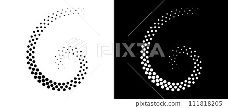 Modern abstract background. Halftone dots in circle form. Spiral logo, icon or design element. Black dots on a white background and white dots on the black side. 111818205