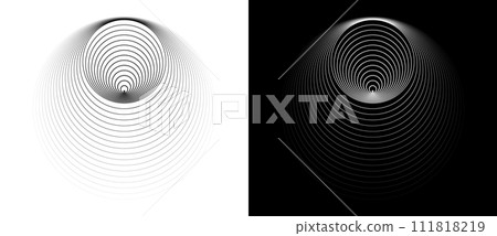 Perspective view to abstract circles with lines. Black shape on a white background and the same white shape on the black side. Perspective view to abstract circles with lines. Black shape on a white background and the same white shape on the black side. 111818219