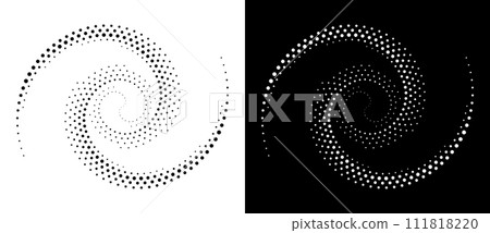 Modern abstract background. Halftone dots in circle form. Spiral logo, icon or design element. Black dots on a white background and white dots on the black side. Modern abstract background. Halftone dots in circle form. Spiral logo, icon or design element. Black dots on a white background and white dots on the black side. 111818220