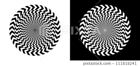 Arrows in circle abstract background. Dynamic transition optical illusion. Black shape on a white background and the same white shape on the black side. 111818241