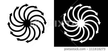 Abstract background with arrows in circle. Art design spiral as logo or icon. A black figure on a white background and an equally white figure on the black side. 111818273