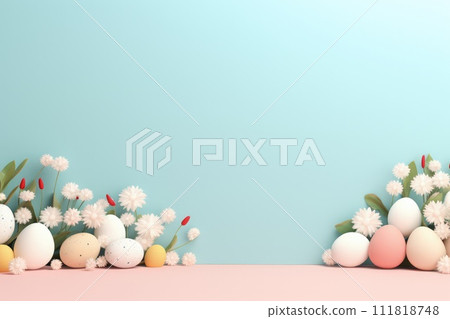 Celebrate easter joy: a delightful mockup with copy space frame, capturing essence of springtime festivities and renewal of hope in stylish and festive design for cards, displays, creative projects. 111818748
