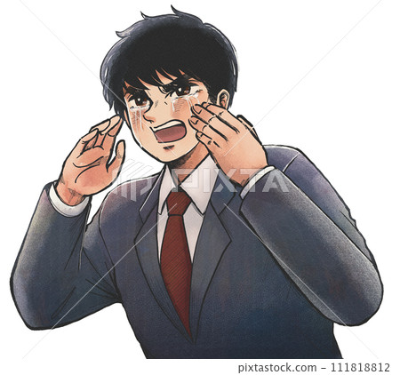 A man in a suit crying and calling, retro graphic style illustration 111818812