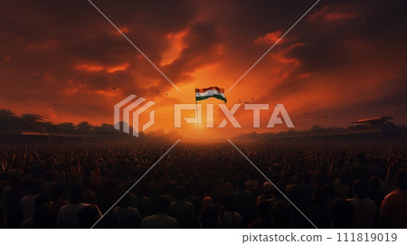 India Republic Day. A vibrant scene unfolds on India Republic Day: Tri-color flags flutter in the patriotic breeze as people celebrate democracy, unity, and national pride. 111819019