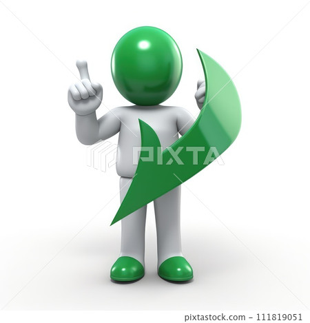 3d man is green tick symbol, signifying completion and success, in a compelling visual representation of achievement and endorsement, a check off character 3d man is green tick symbol, signifying completion and success, in a compelling visual representation of achievement and endorsement, a check off character 111819051