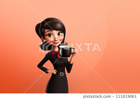 Whimsical morning: animated female character savoring a cup of coffee, blending charm and vibrancy of creative storytelling and lively expressions. 111819061