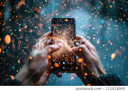 International internet day: a world connected, linking people, electronic devices globally through a network. Cloud storage, seamless connectivity across computers, tablets, laptops, phones 111819069