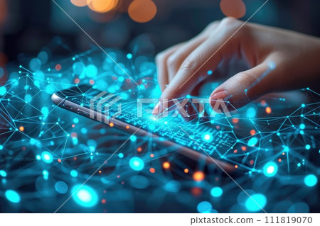 International internet day: a world connected, linking people, electronic devices globally through a network. Cloud storage, seamless connectivity across computers, tablets, laptops, phones 111819070