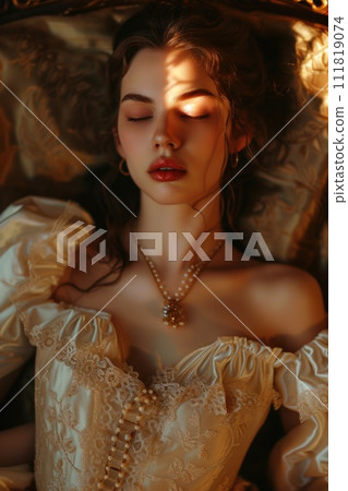 Elegant vintage: woman in baroque renaissance style clothing reminiscent of the victorian era, a timeless portrayal of grace and sophistication in historical fashion 19th century. 111819074