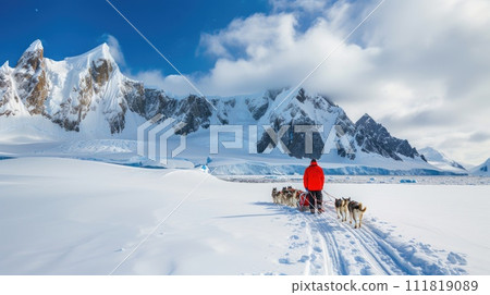 Frozen journey, person with sled of dogs traverses snowy antarctica, an epic adventure through icy landscapes with loyal canine companions, exploring the remote and pristine wildernes 111819089