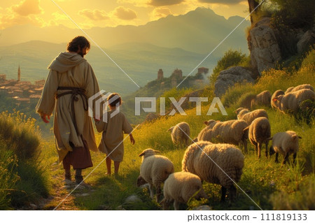 St. Joseph with boy Jesus Christ herding sheep: portrayal of a biblical drama, illustrating sacred bond between saint Joseph and young Jesus as they tend to the flock. 111819133