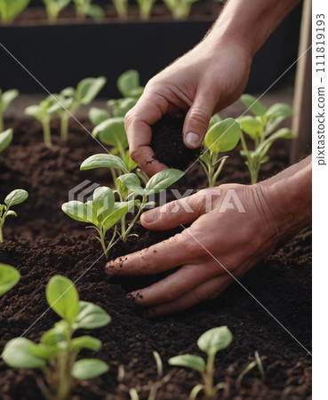 Hands and soil with young plant 111819193