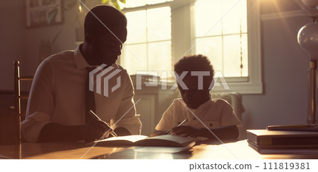 Father with son at the table doing lessons 111819381