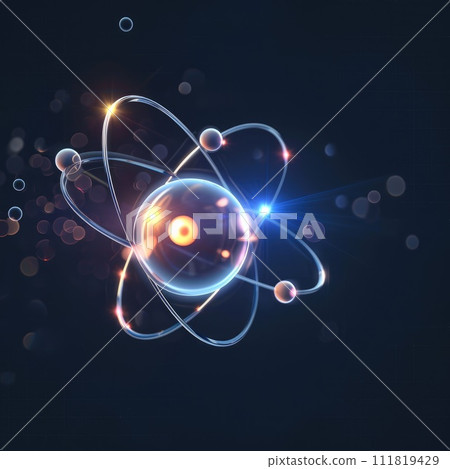 Atomic dance: subatomic realm, electrons, neutrons, and protons orbit a fixed nucleus in a model empty space within atoms, showcasing set, predictable paths in the intricate world of particle physics Atomic dance: subatomic realm, electrons, neutrons, and protons orbit a fixed nucleus in a model empty space within atoms, showcasing set, predictable paths in the intricate world of particle physics 111819429