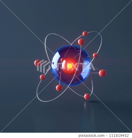 Atomic dance: subatomic realm, electrons, neutrons, and protons orbit a fixed nucleus in a model empty space within atoms, showcasing set, predictable paths in the intricate world of particle physics 111819432