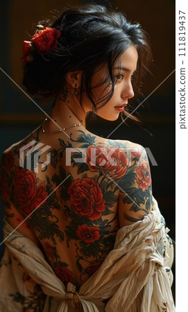 Artistry on skin: creative and beautiful tattoo adorning the back of a woman's body, a masterpiece of personal expression and aesthetic allure, celebrating the beauty of individuality Artistry on skin: creative and beautiful tattoo adorning the back of a woman's body, a masterpiece of personal expression and aesthetic allure, celebrating the beauty of individuality 111819437