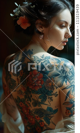 Artistry on skin: creative and beautiful tattoo adorning the back of a woman's body, a masterpiece of personal expression and aesthetic allure, celebrating the beauty of individuality 111819439