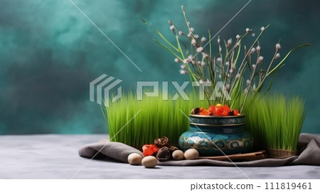 Celebrating renewal with sprouted wheat grass: happy nowruz, a festive homage to nature's rebirth, cultural traditions, and the joyous spirit of persian new year, embracing health and vitality. 111819461