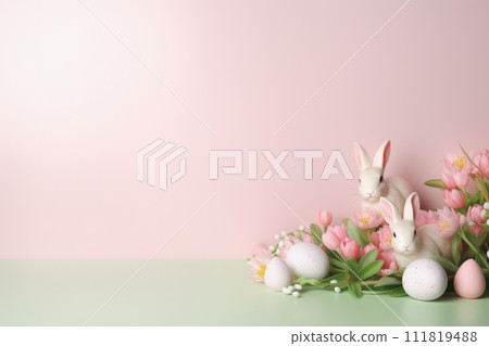Celebrate easter joy: a delightful mockup with copy space frame, capturing essence of springtime festivities and renewal of hope in stylish and festive design for cards, displays, creative projects. 111819488