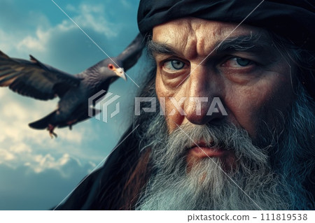 Poignant portrait biblical figure Noah stands hopeful anticipation, eyes fixed on horizon. Patiently waiting improved weather, he yearns for return of dove, embodying Christian faith and resilience 111819538
