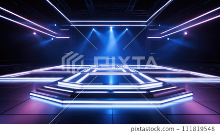 Electrifying stage: mesmerizing scenes LED panels, holographic displays, laser lights, ample copy space, dynamic banners, creating visual symphony for immersive events and cutting-edge presentations. 111819548