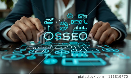 AI-generated content. Creative SEO Marketing and Optimization Symbol in Businessman's Careful Hands 111819770