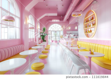 AI-generated content. Retro-Inspired Pink and Yellow Diner Interior with Contemporary Flair and Bright Accents AI-generated content. Retro-Inspired Pink and Yellow Diner Interior with Contemporary Flair and Bright Accents 111819844