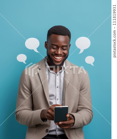 AI-generated content. Engaging in Modern Corporate Dialogues: Businessman with Phone Amidst Digital Conversations AI-generated content. Engaging in Modern Corporate Dialogues: Businessman with Phone Amidst Digital Conversations 111819931