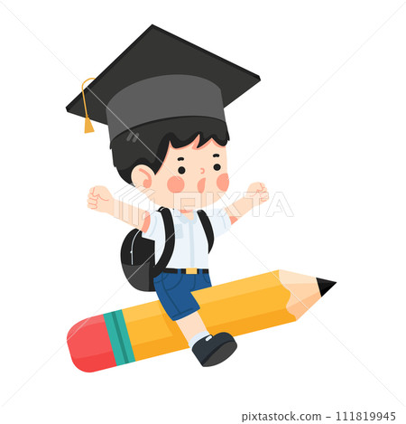 Happy boy student riding flying pencil go to school Happy boy student riding flying pencil go to school 111819945