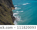 Top view of blue sea water with white waves and stones. 111820093