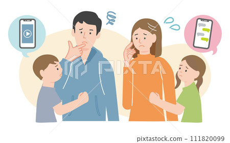 A child who wants a smartphone and a young couple who are worried and tilt their heads 111820099