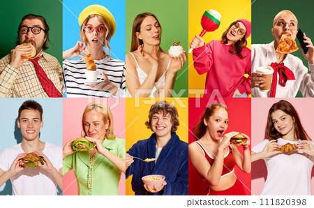 Collage. Young women and men eat delicious meals against multicolored studio background. Organic nutrition. Collage. Young women and men eat delicious meals against multicolored studio background. Organic nutrition. 111820398