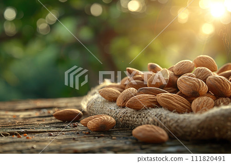 A rustic and inviting pile of almonds rests on a burlap cloth. Generative AI. A rustic and inviting pile of almonds rests on a burlap cloth. Generative AI. 111820491