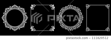 Set of decorative frames Elegant vector element for design in Eastern style, place for text. Floral black and white borders. Lace illustration for invitations and greeting cards. 111820512