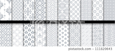 Geometric floral set of seamless patterns. White and gray vector backgrounds. Damask graphic ornaments 111820643