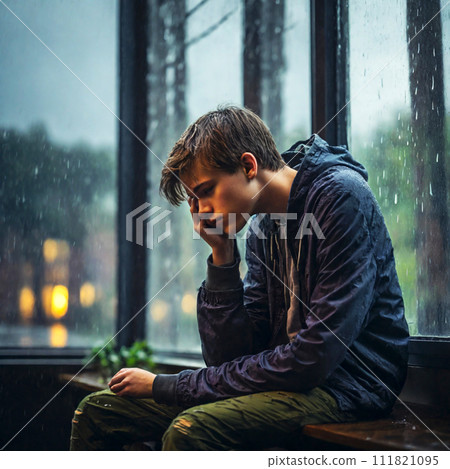 AI-generated sad teen sitting on window, rainy weather outside. 111821095