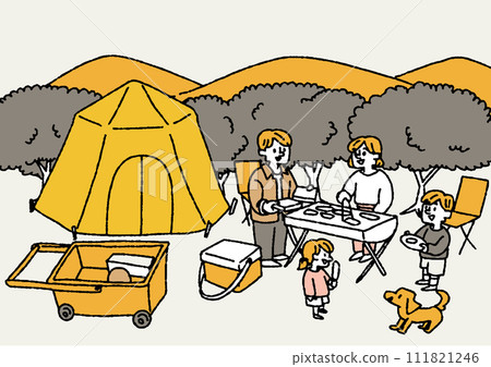 Illustration of a family enjoying camping outdoors Illustration of a family enjoying camping outdoors 111821246