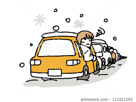 Roads with long traffic jams due to snow. Illustration to avoid damage from heavy snow. Roads with long traffic jams due to snow. Illustration to avoid damage from heavy snow. 111821265