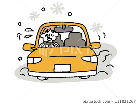 一名男子在雪路上駕駛困難的插圖 因雪而造成長時間交通堵塞的道路 插圖如何避免大雪造成的損害 111821267
