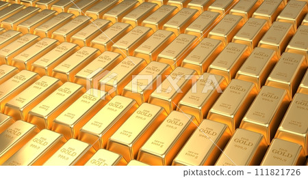 Gold bars. Stacked gold bars. Stack of one kilogram gold bars. Gold bars in bank vault. 3D rendering 111821726
