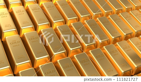 Gold bars. Stacked gold bars. Stack of one kilogram gold bars. Gold bars in bank vault. 3D rendering Gold bars. Stacked gold bars. Stack of one kilogram gold bars. Gold bars in bank vault. 3D rendering 111821727