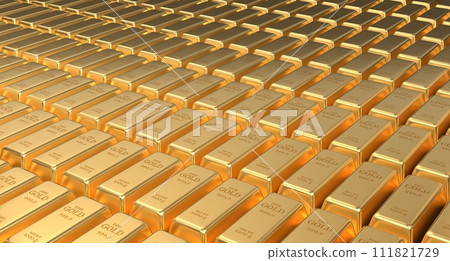 Gold bars. Stacked gold bars. Stack of one kilogram gold bars. Gold bars in bank vault. 3D rendering 111821729