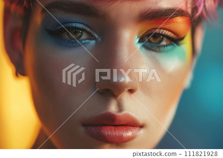 Close up portrait of beautiful young transgender man with bright perfect makeup on neon background 111821928