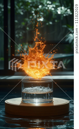 Glass Flask with Splash and Fire on Dark Background 111822029